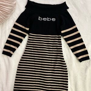 bebe Black Cream Mini Off the Shoulder Long Sleeve Sweater Dress